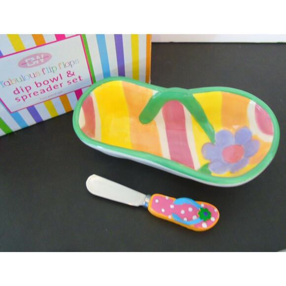 Boston Warehouse Dip Bowl Spreader Set Beach Luau Flip Flop Shape Appetizer Dish - Picture 5 of 5